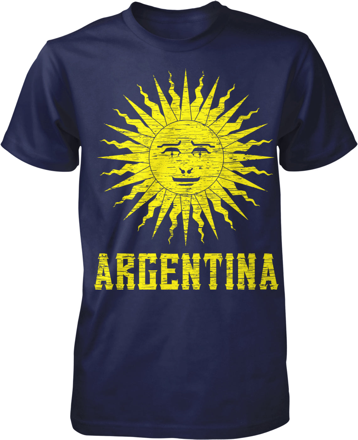 A navy blue t-shirt with a yellow sun graphic and the word "ARGENTINA" printed below it.