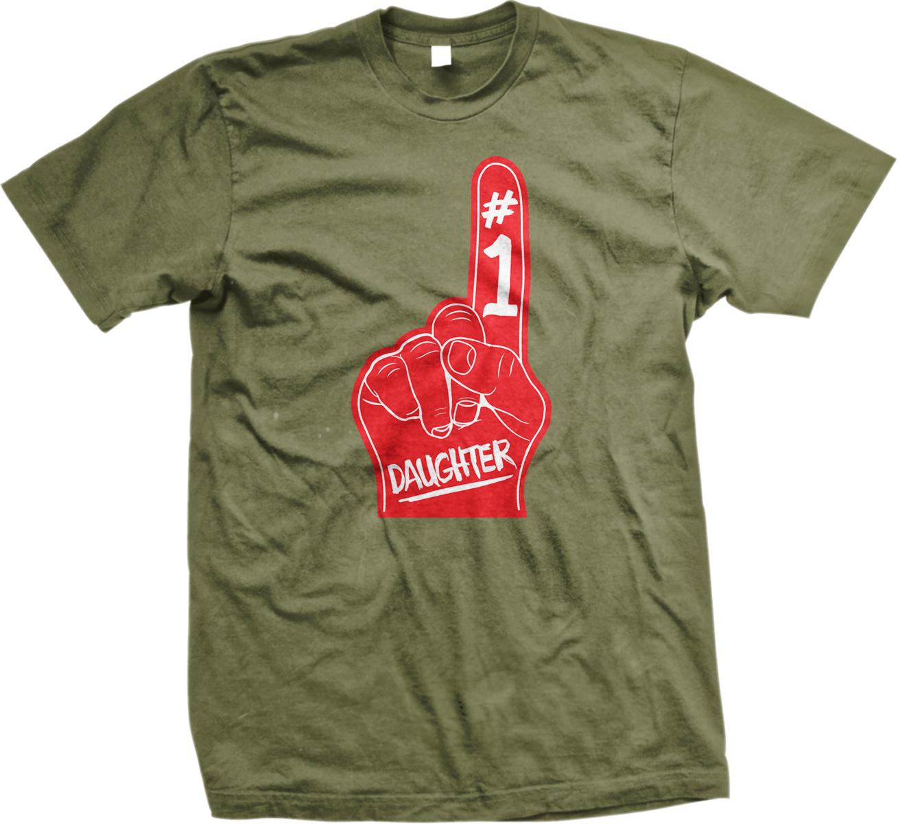 A green t-shirt with a red foam finger graphic and the text "Daughter" printed on it.