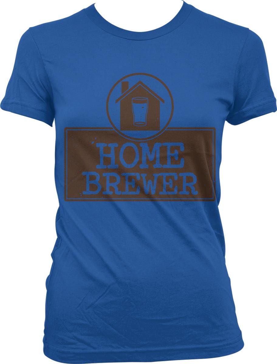 A blue t-shirt with a graphic design that says "HOME BREWER" and features a house and a glass of beer.