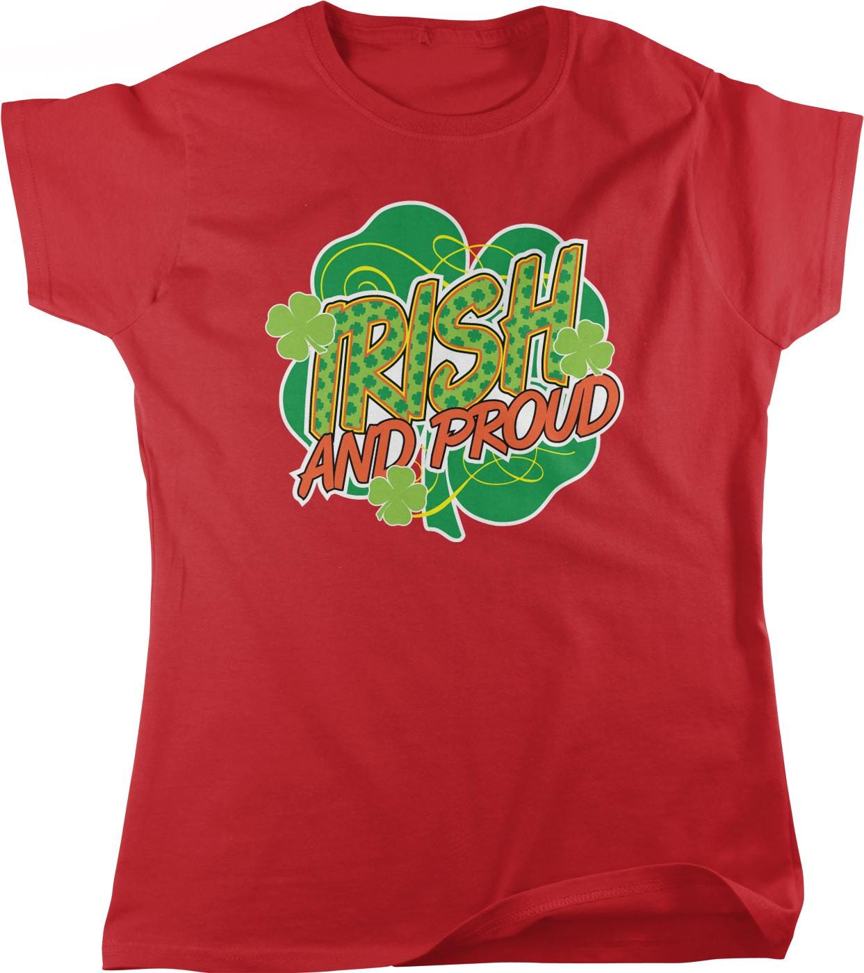 A red t-shirt with a graphic design featuring the text "TRISH AND I'Proud" surrounded by shamrocks.