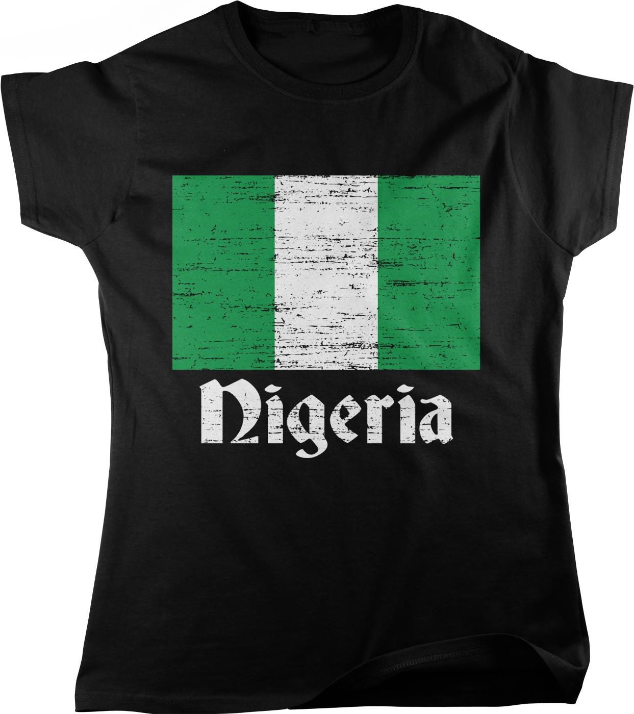 A black t-shirt with the text &quot;Nigeria&quot; printed on it, along with the flag of Nigeria.