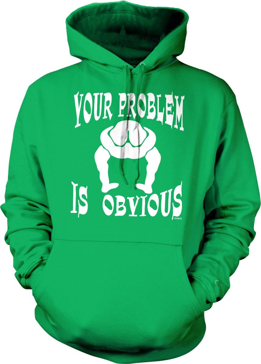 A green hoodie with white text and graphics on it.