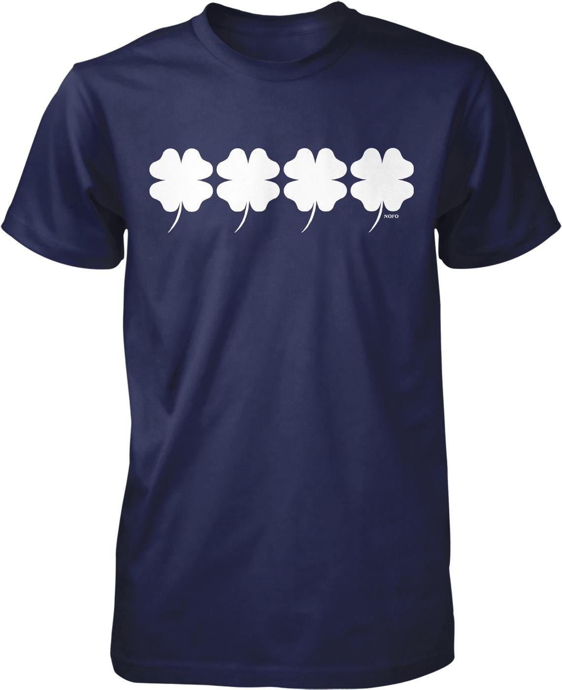 A navy blue t-shirt with a graphic design of four white four-leaf clovers arranged in a row.