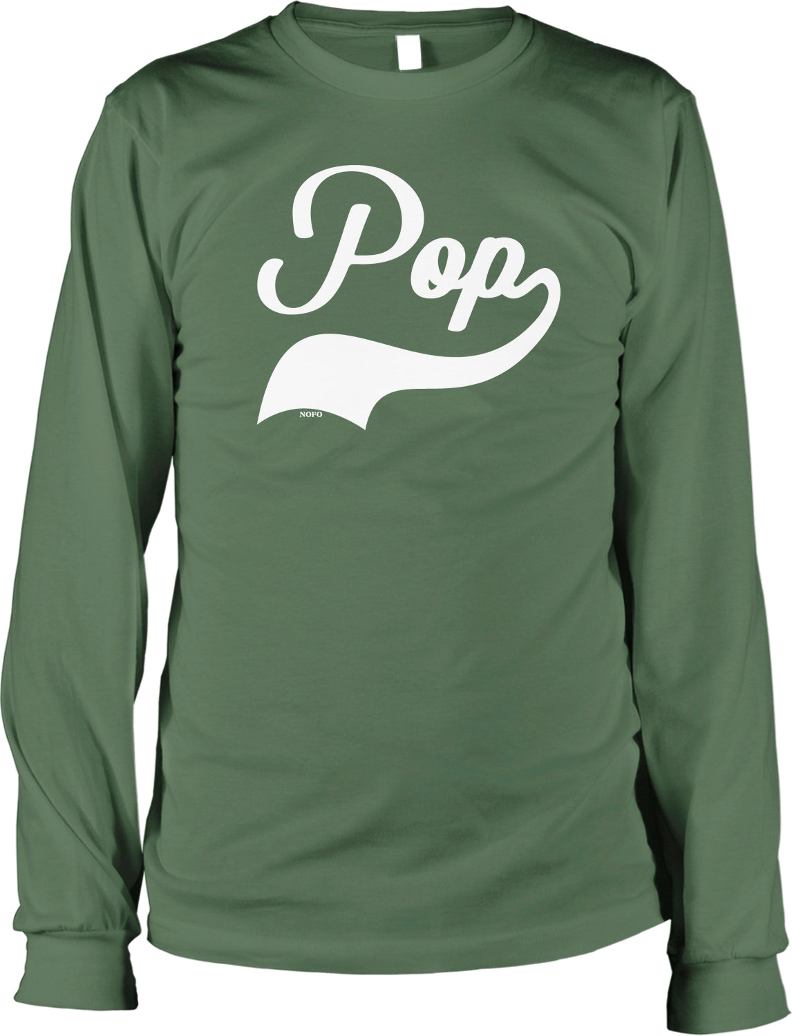 A long-sleeved green t-shirt with the word "Pop" printed in white on it.