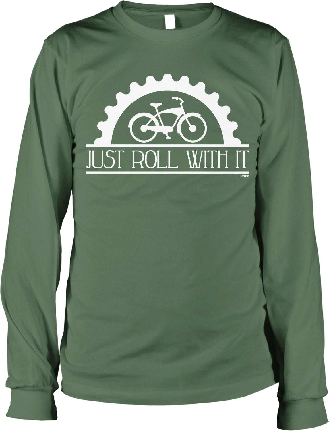 A green long-sleeved t-shirt with a white graphic design on it. The design features a bicycle and the text "Just roll with it" written below it.