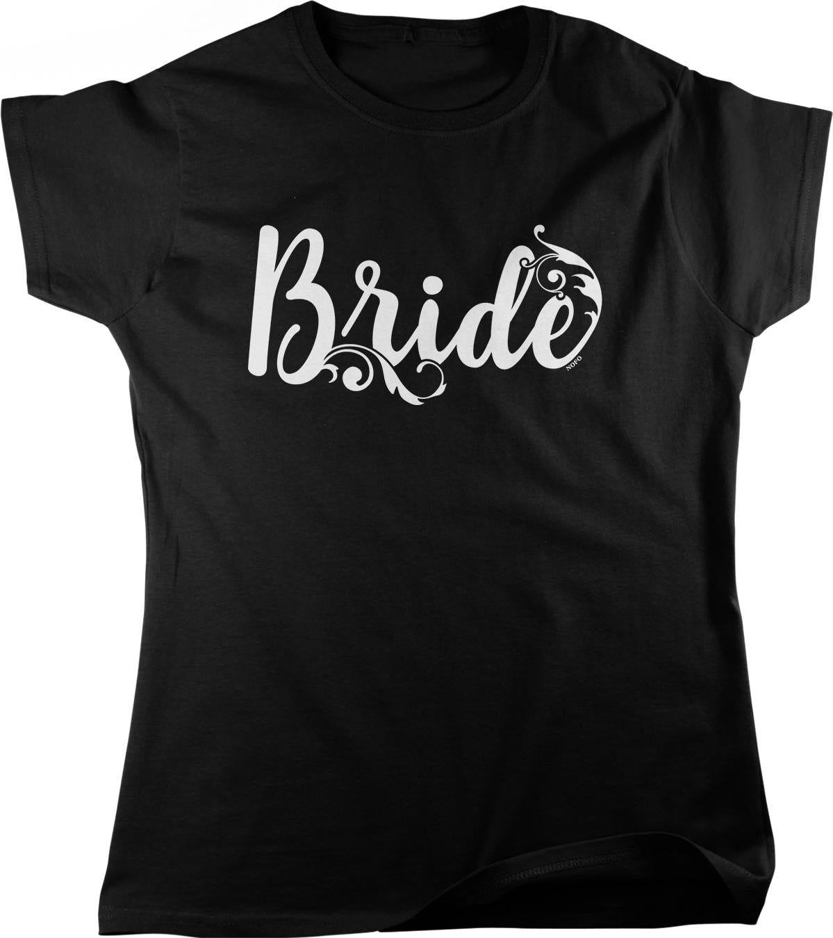 A black t-shirt with the word "Bride" printed in white text.