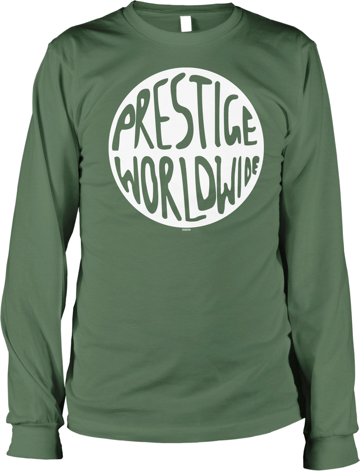 A green long-sleeved shirt with the text "Prestige Worldwide" printed on it in a circular design.