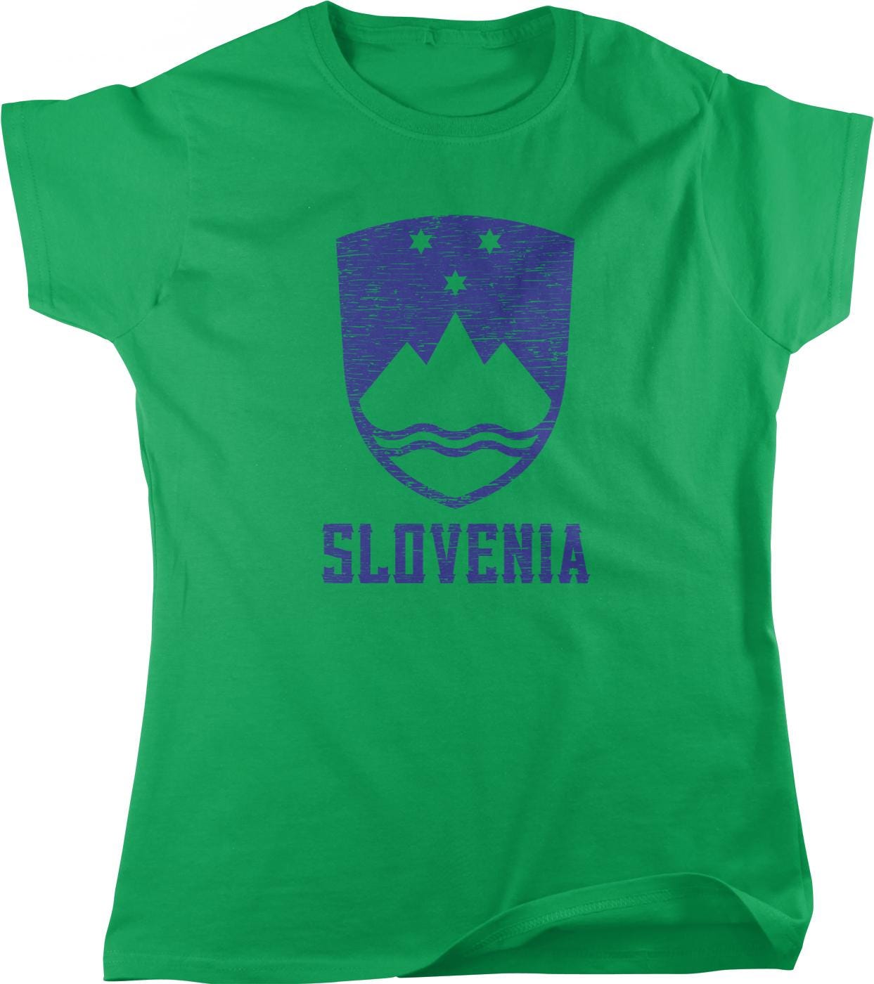 A green t-shirt with a graphic design featuring a shield-shaped emblem with mountains and stars, along with the text "SLOVENIA" printed below it.