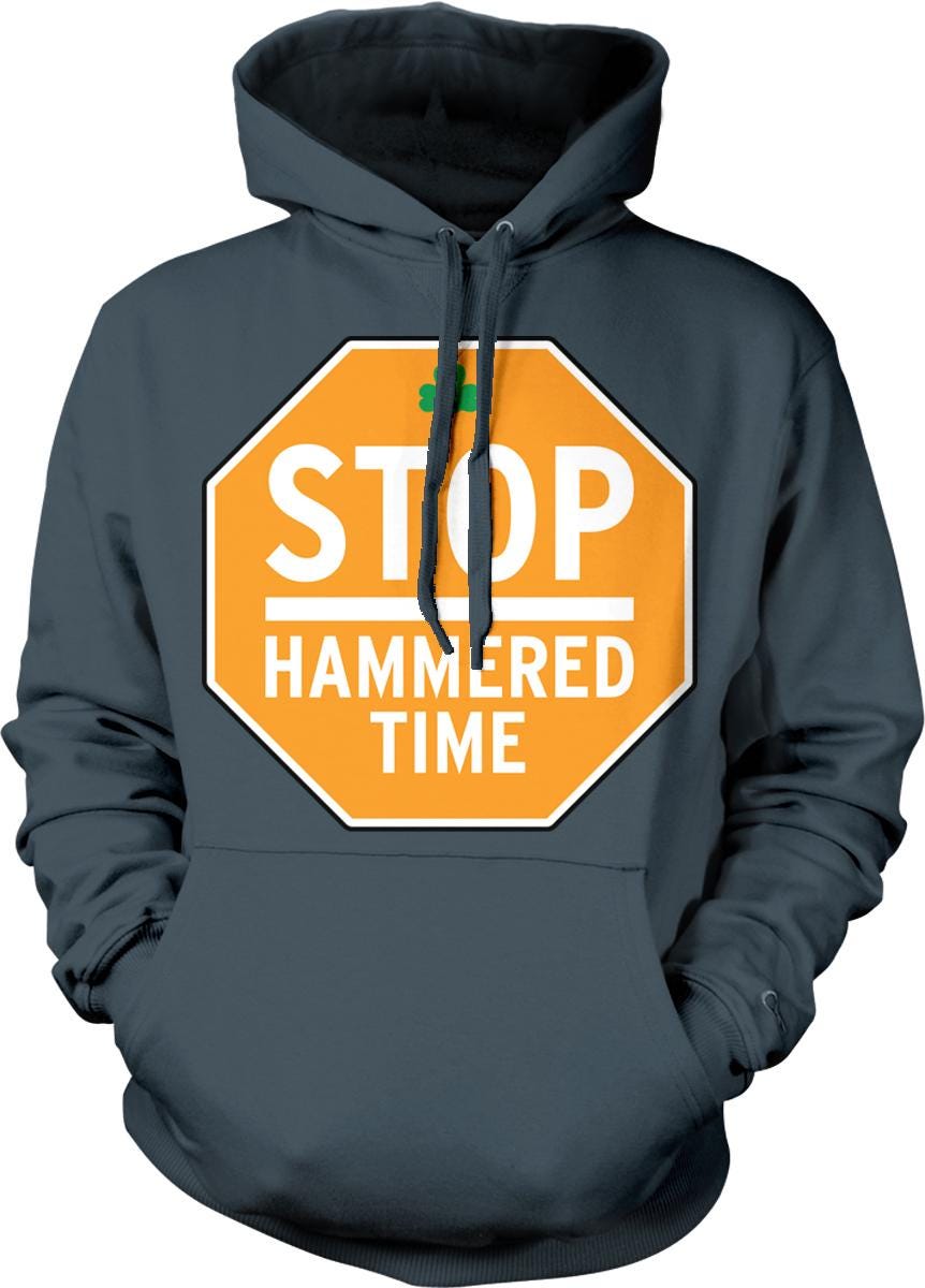 A gray hoodie with an orange stop sign design and the text "STOP HAMMED TIME" printed on it.