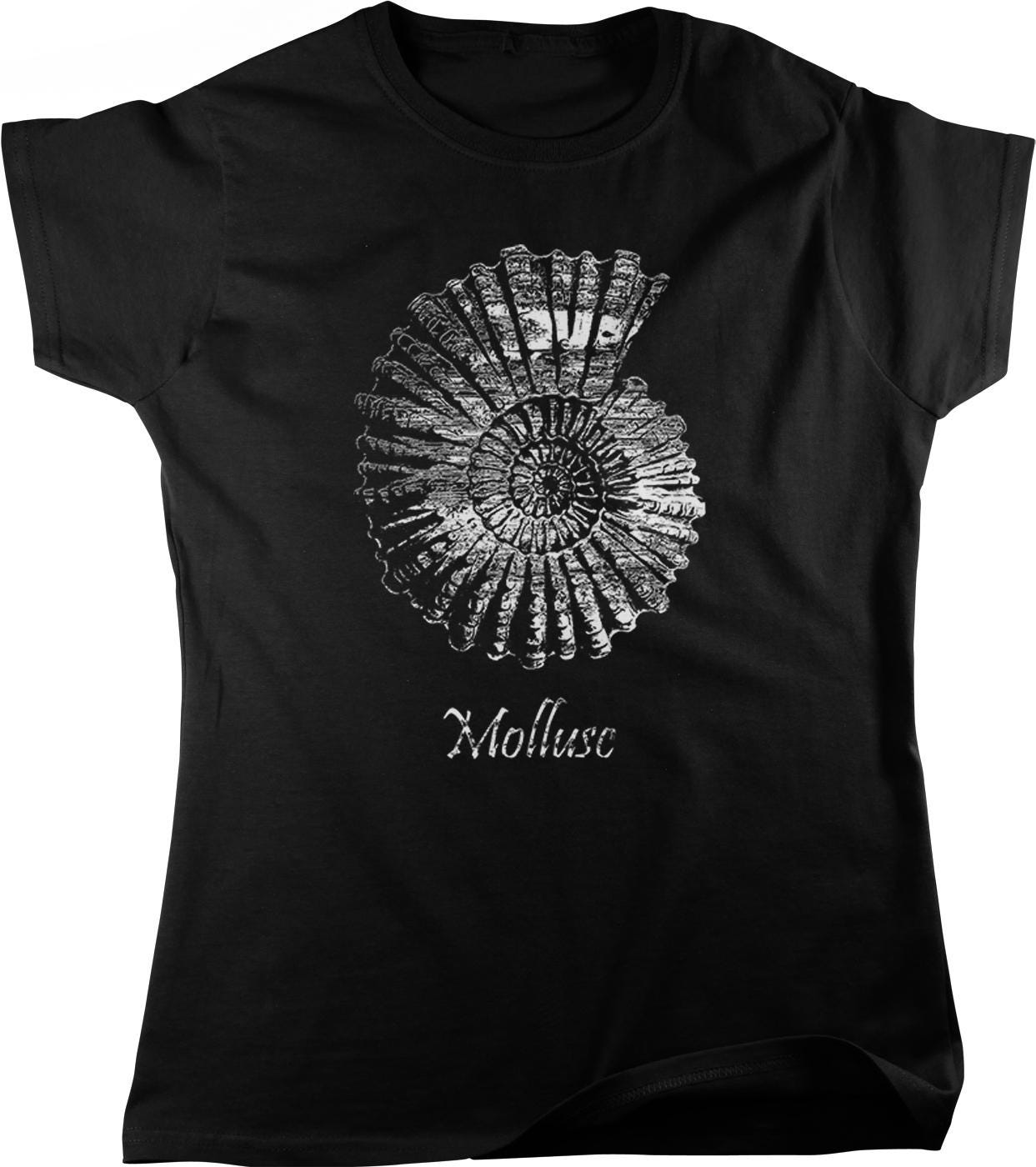 A black t-shirt with a white graphic design depicting a spiral pattern.