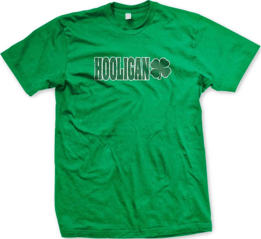 A green t-shirt with the word "HOOLIGAN" printed on it.
