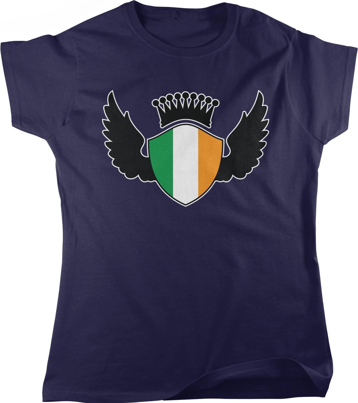 A navy blue t-shirt with a graphic design featuring a shield with a crown on top, surrounded by wings.