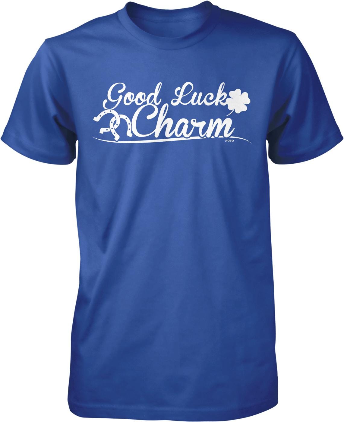 A blue t-shirt with the text "Good Luck Charm" printed on it.