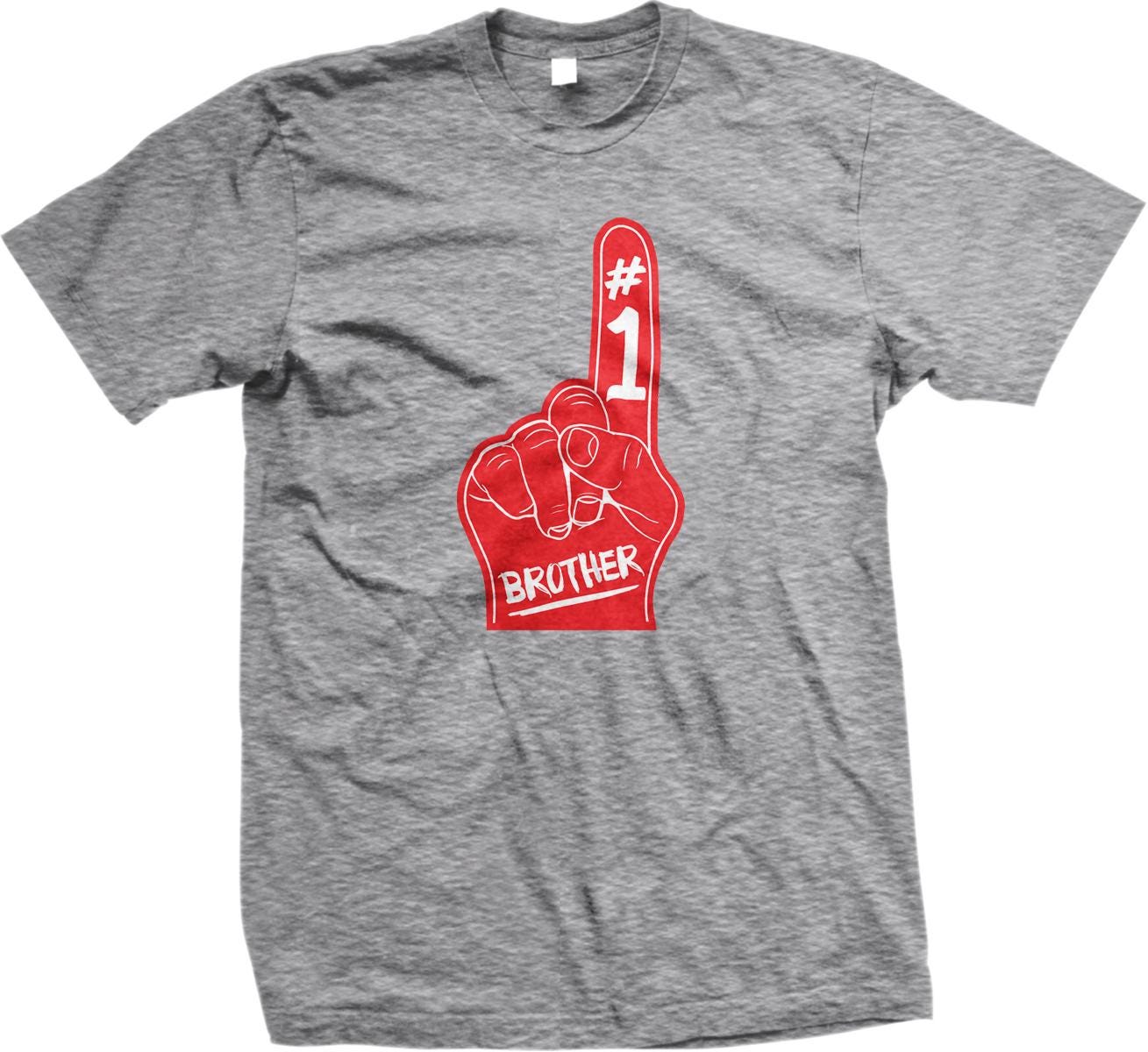A gray t-shirt with a red foam finger graphic and the text "BROTHER" printed on it.