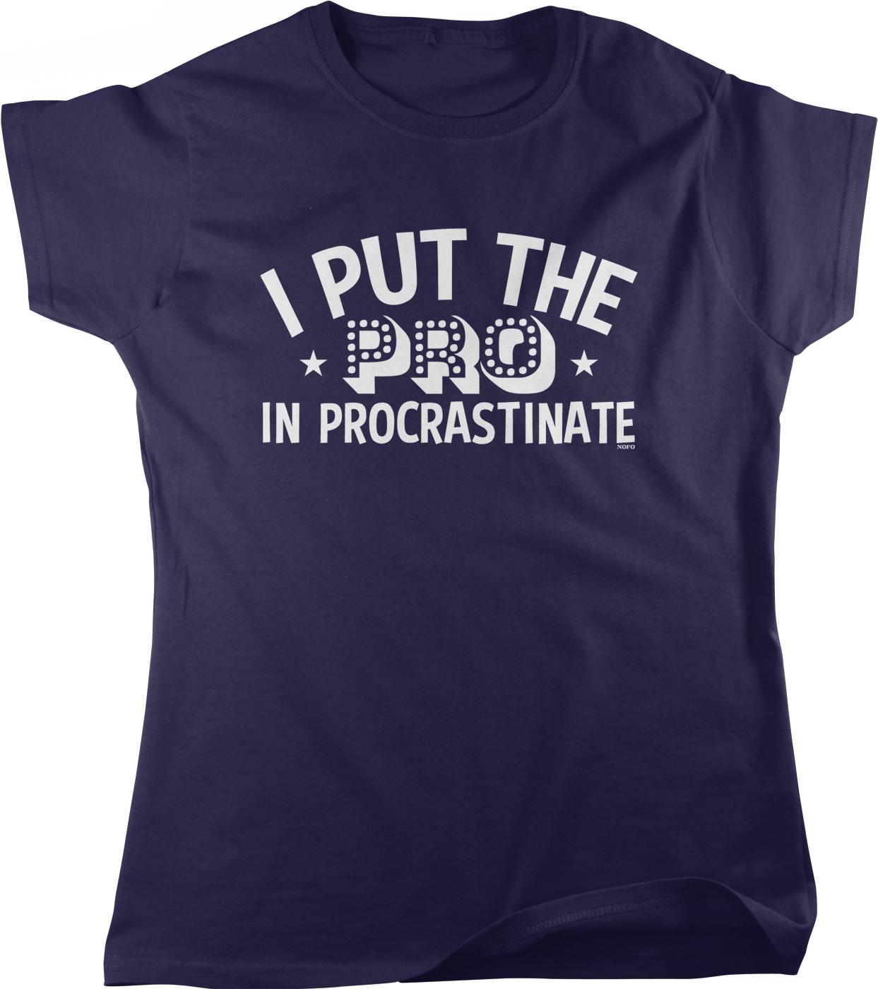 A navy blue t-shirt with the text "I PUT THE PRO IN PROCRASTINATE" printed on it.
