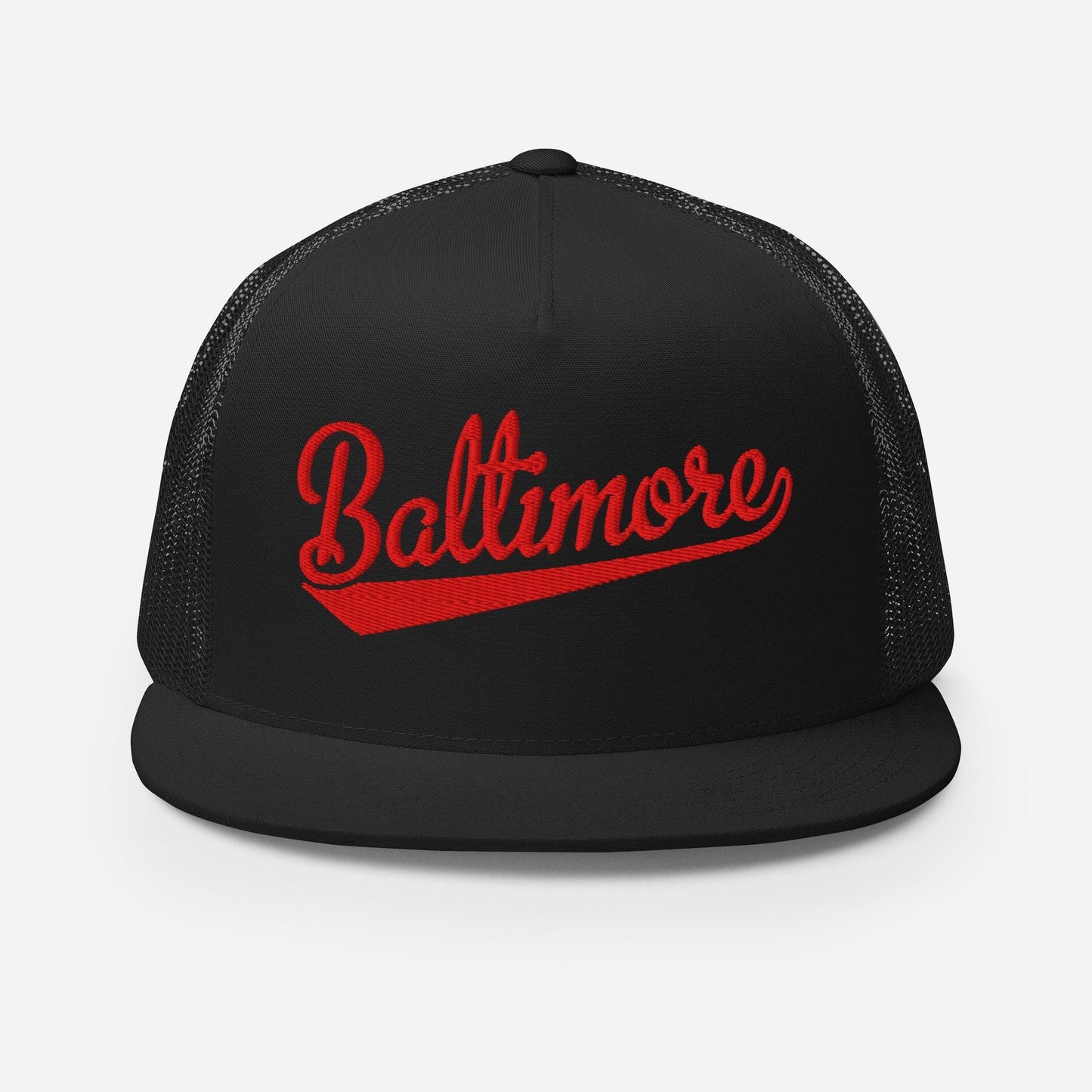 A black baseball cap with the word "Baltimore" embroidered on it in red text.
