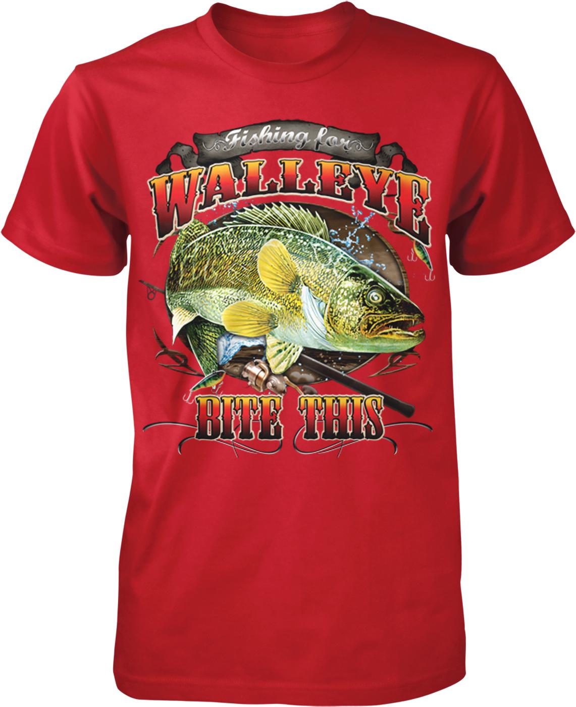 A red t-shirt with a graphic design featuring a large fish and the text "Fishing for WALLEYE BITE THIS".