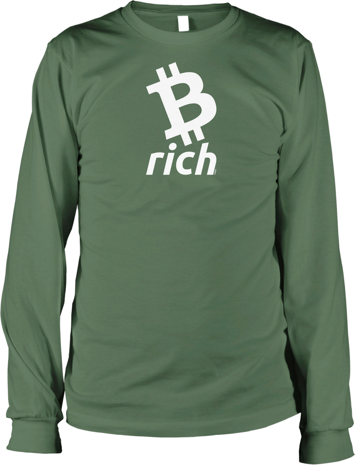 A long-sleeved green t-shirt with a white Bitcoin symbol and the word "rich" printed on it.
