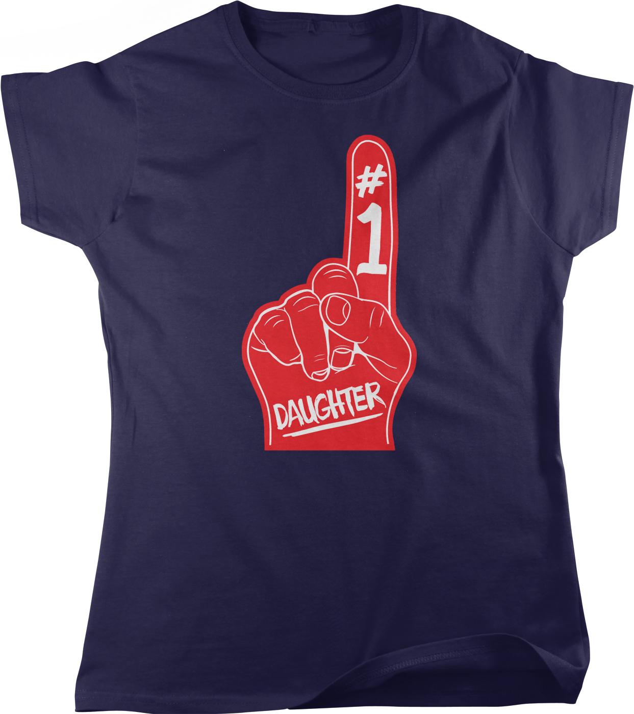 A navy blue t-shirt with a red foam finger graphic and the text "Daughter" printed on it.