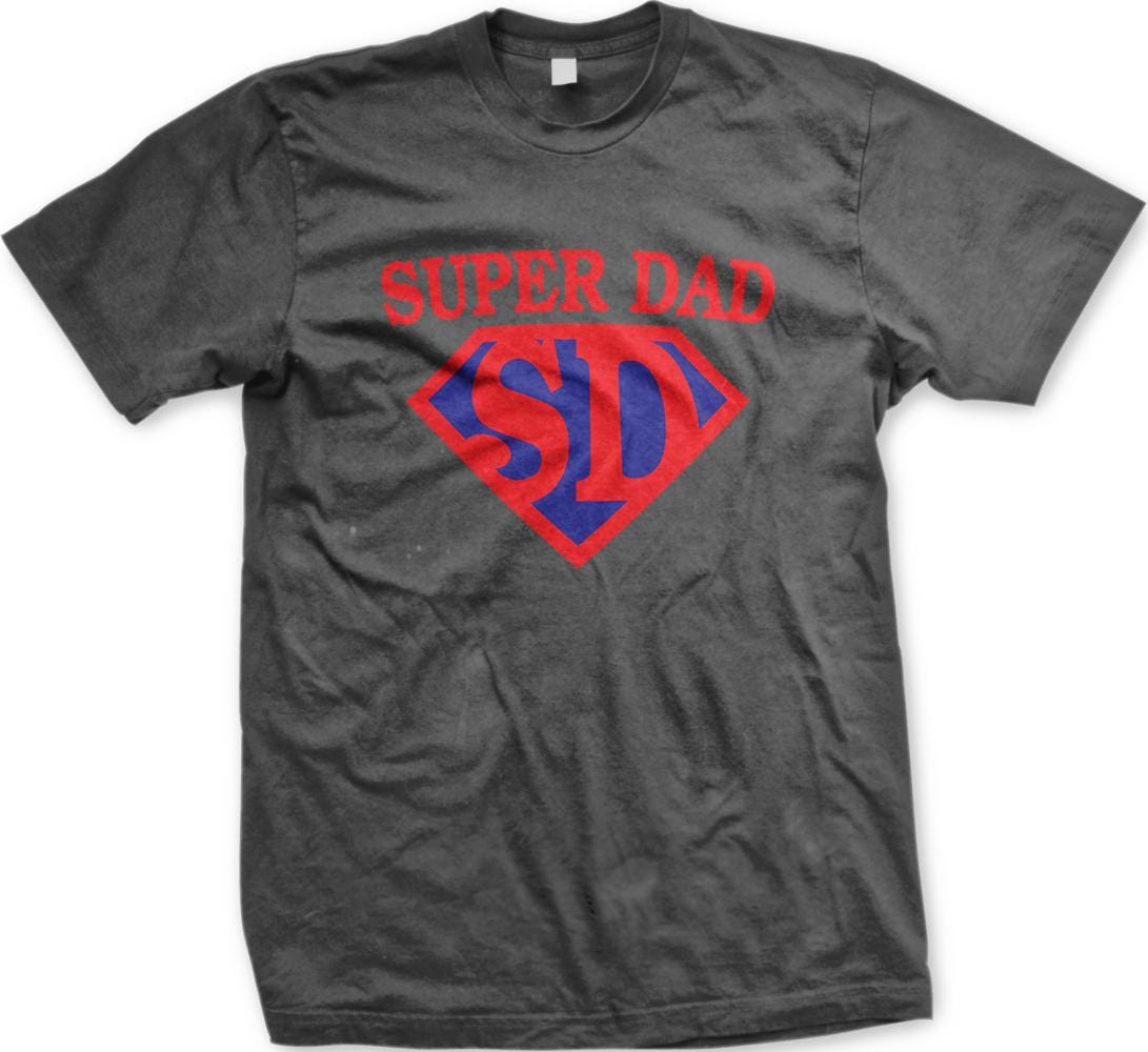 A gray t-shirt with the text "SUPER DAD SID" printed on it in red and blue colors.