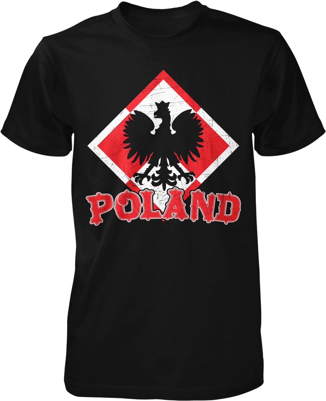 A black t-shirt with a graphic design featuring a red and white diamond-shaped emblem with a black bird, and the word "POLAND" written below it in red text.