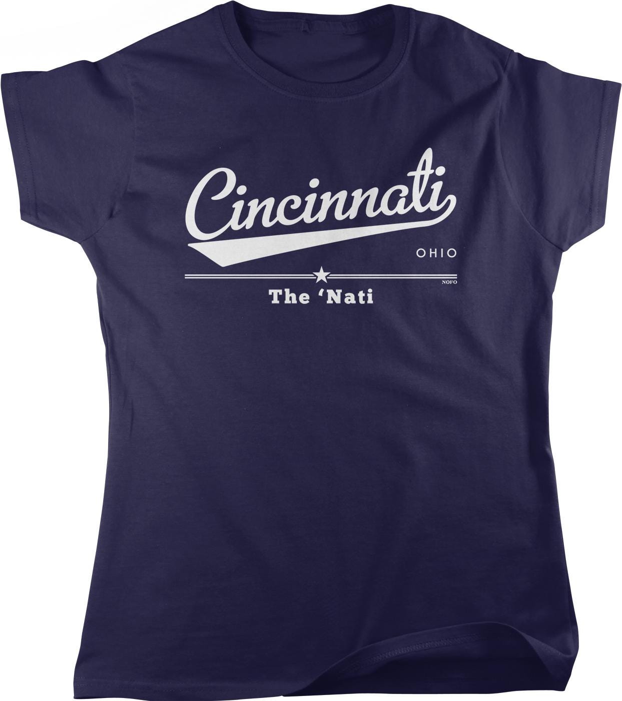 A navy blue t-shirt with the text "Cincinnati, Ohio" printed on it in a stylized font.
