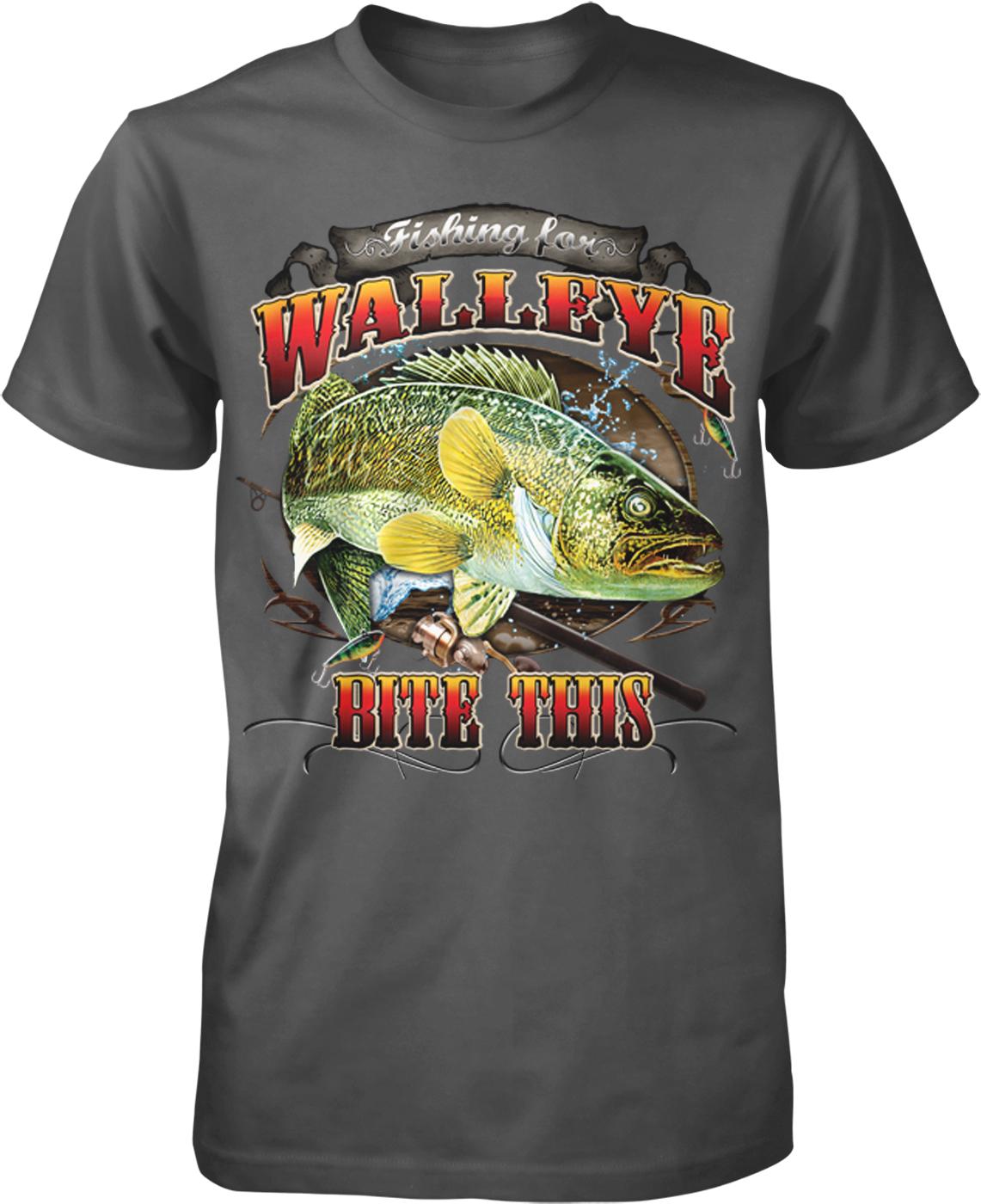 A t-shirt design featuring a large fish with a bite taken out of it, along with the text "Fishing for WALLEYE BITE THIS".
