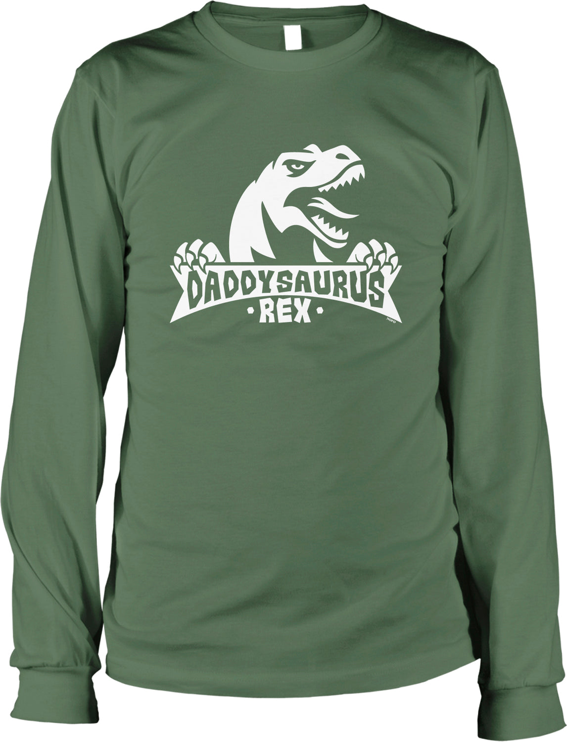 A green long-sleeved t-shirt with a white graphic design depicting a dinosaur's head and the text "DADDYSAURUS REX" below it.