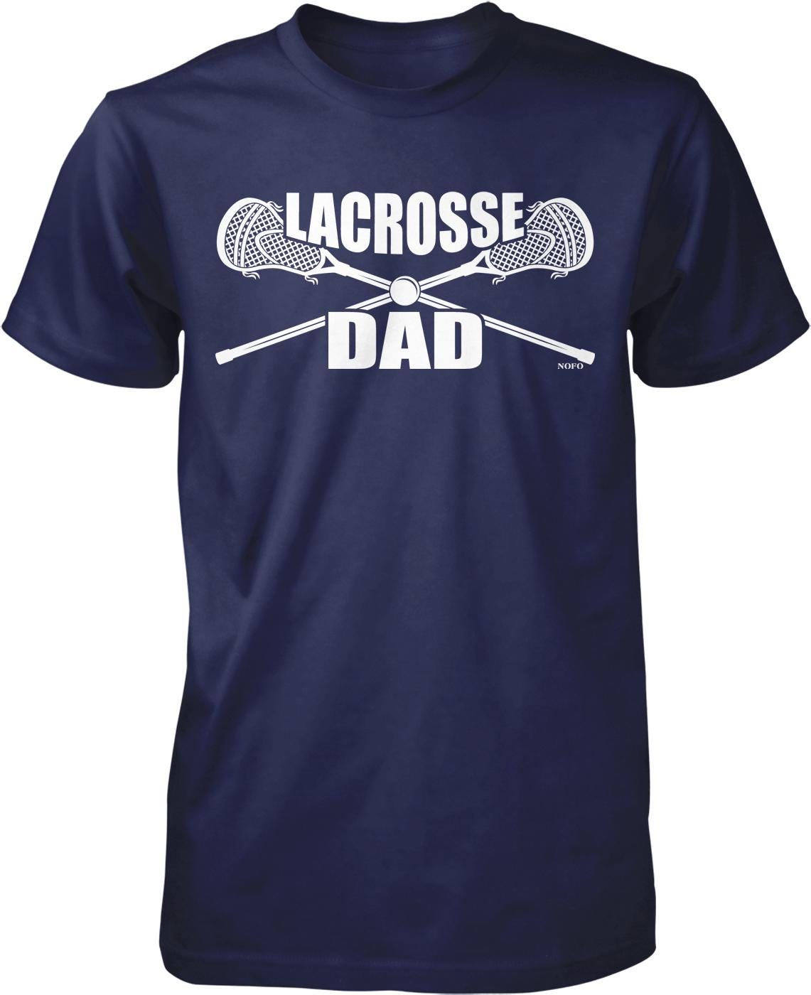 A navy blue t-shirt with the text "LACROSSE DAD" printed on it, along with a graphic of a lacrosse stick crossed over a lacrosse net.