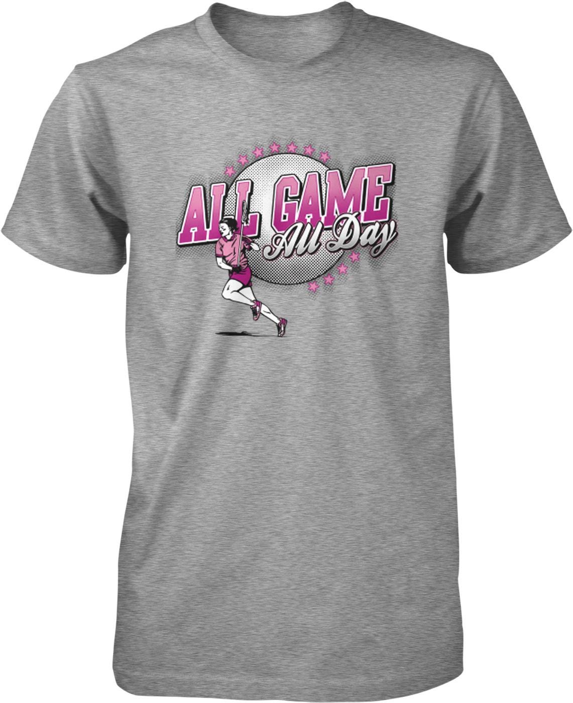 A gray t-shirt with a graphic design featuring a woman running and the text "All Game All Day" in pink and white colors.
