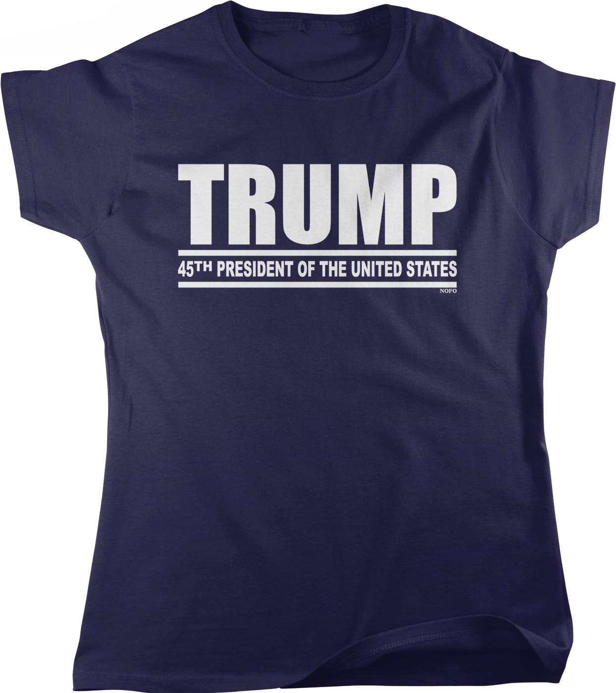 A navy blue t-shirt with the text "TRUMP 45TH PRESIDENT OF THE UNITED STATES" printed on it.
