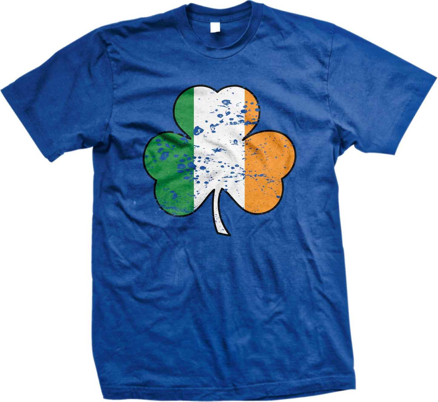 A blue t-shirt with a graphic design of a shamrock, which is a symbol associated with Ireland.