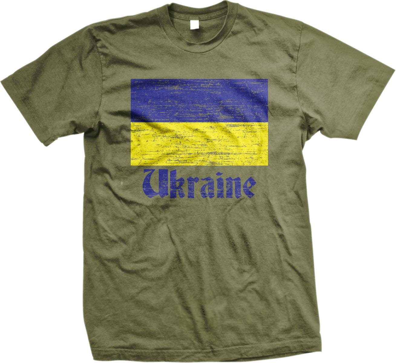 A green t-shirt with a graphic design featuring the flag of Ukraine and the word &quot;Ukraine&quot; printed on it.