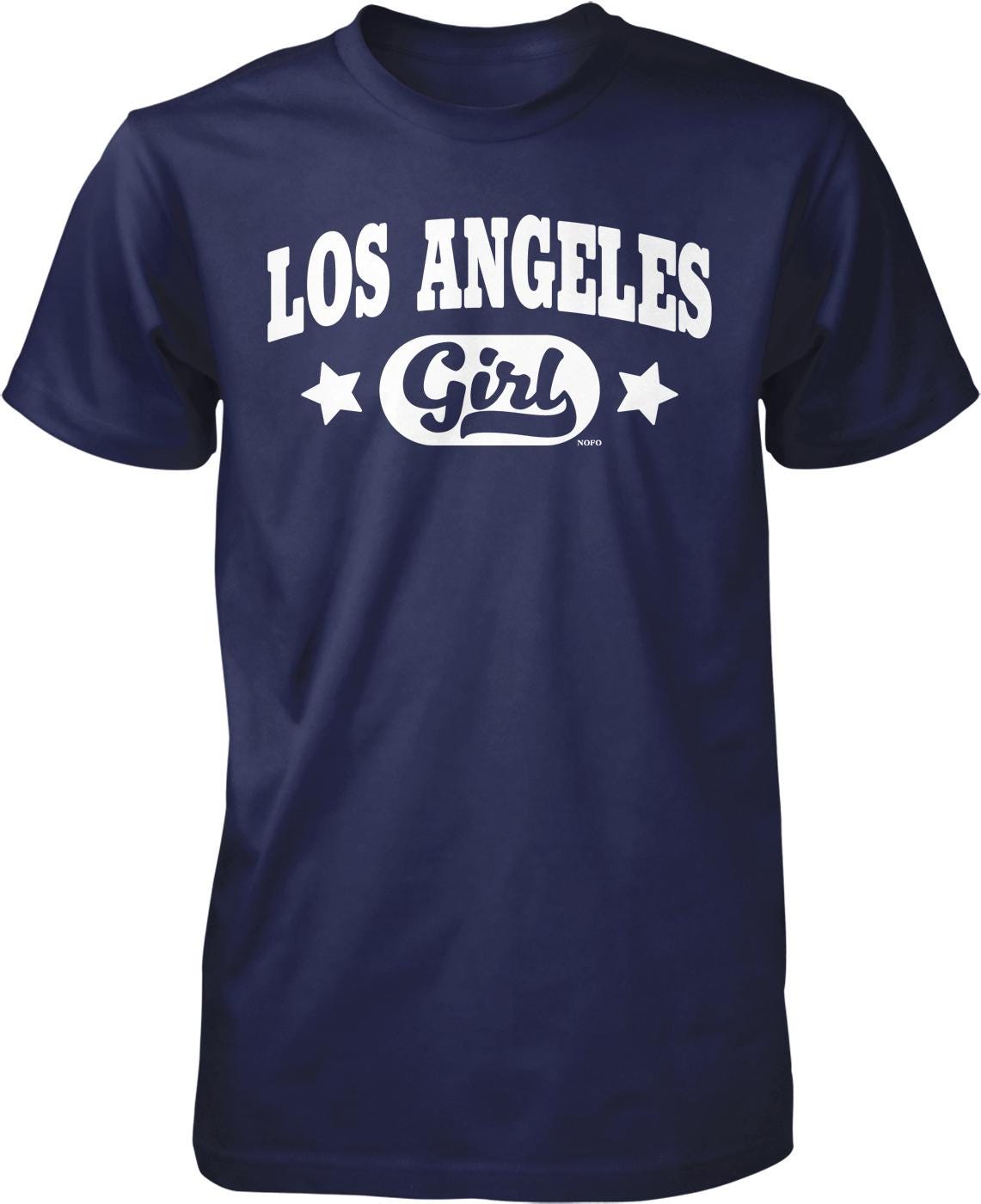 A navy blue t-shirt with the text "LOS ANGELES Girl" printed on it in white lettering.