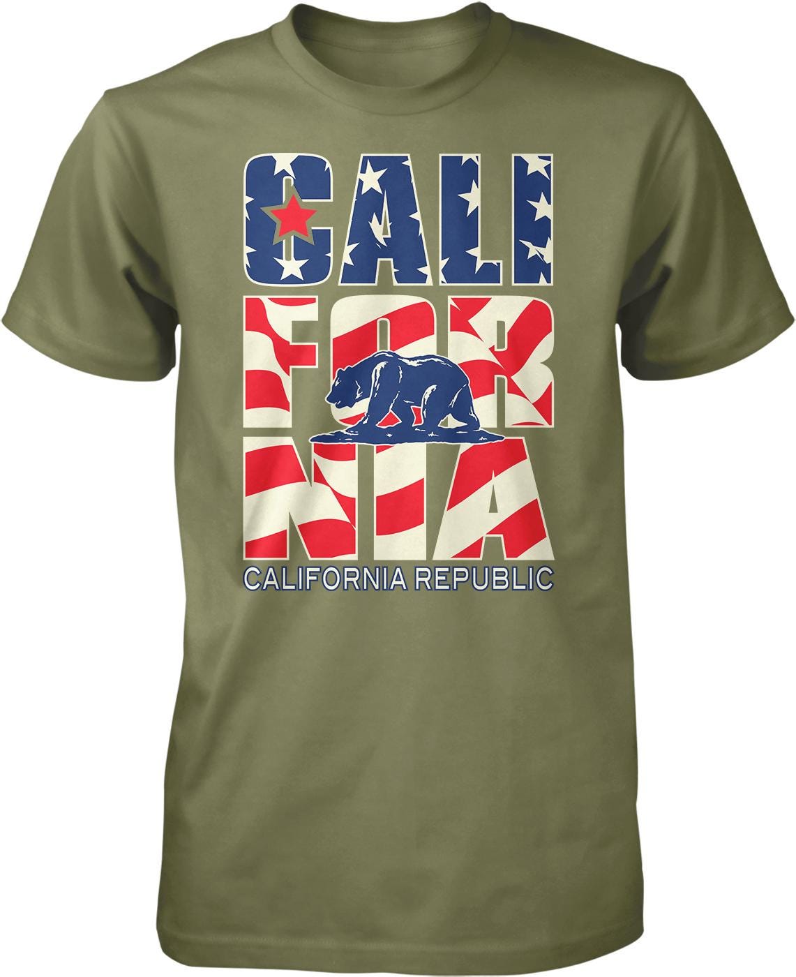 A t-shirt with the text "CALIFORNIA REPUBLIC" and an image of a bear, along with the American flag design.