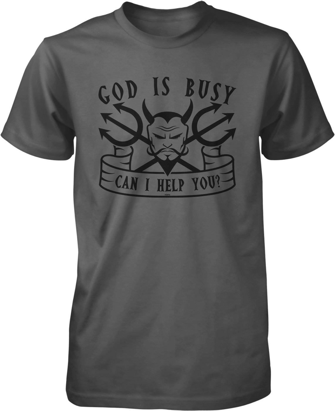 A gray t-shirt with a graphic design featuring a devil's face and the text "GOD IS BUSY CAN I HELP YOU?"