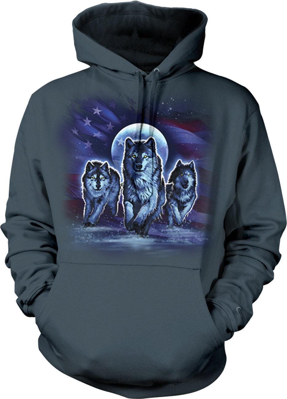 American Flag Hoodie - Wolfpack Running Moonlight Full Moon Design Sweatshirt
