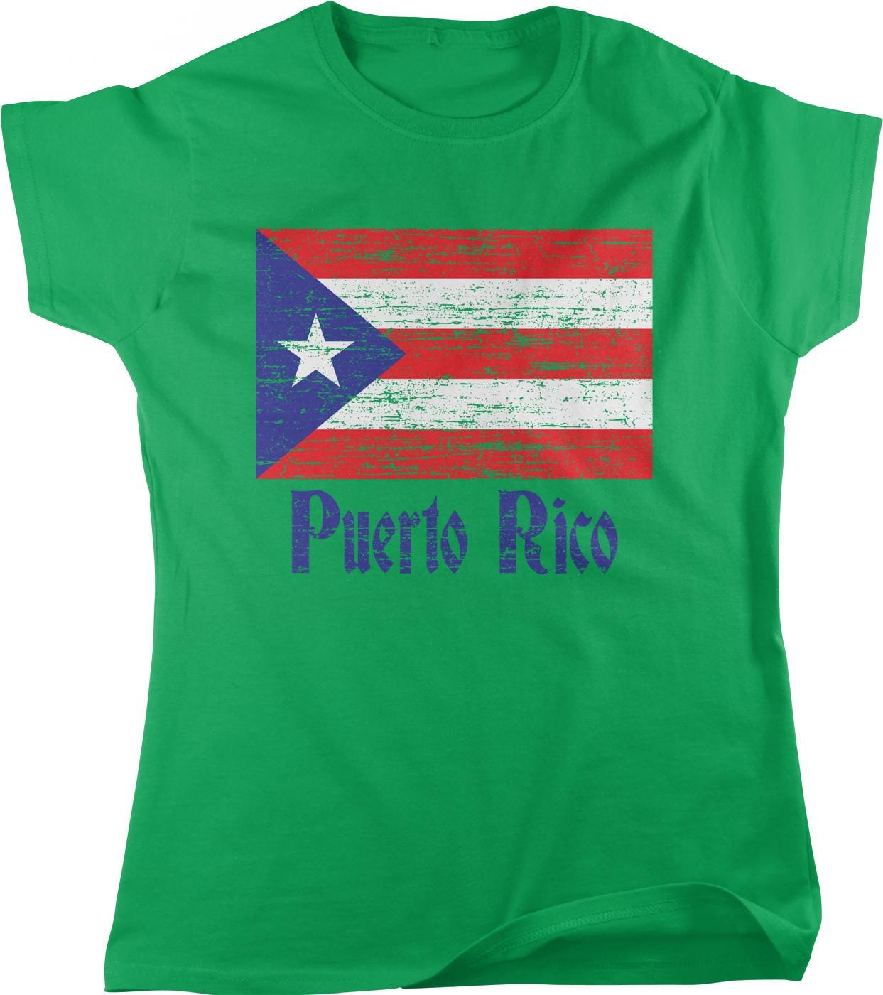 A green t-shirt with a graphic design featuring the Puerto Rican flag and the text "Puerto Rico" printed on it.