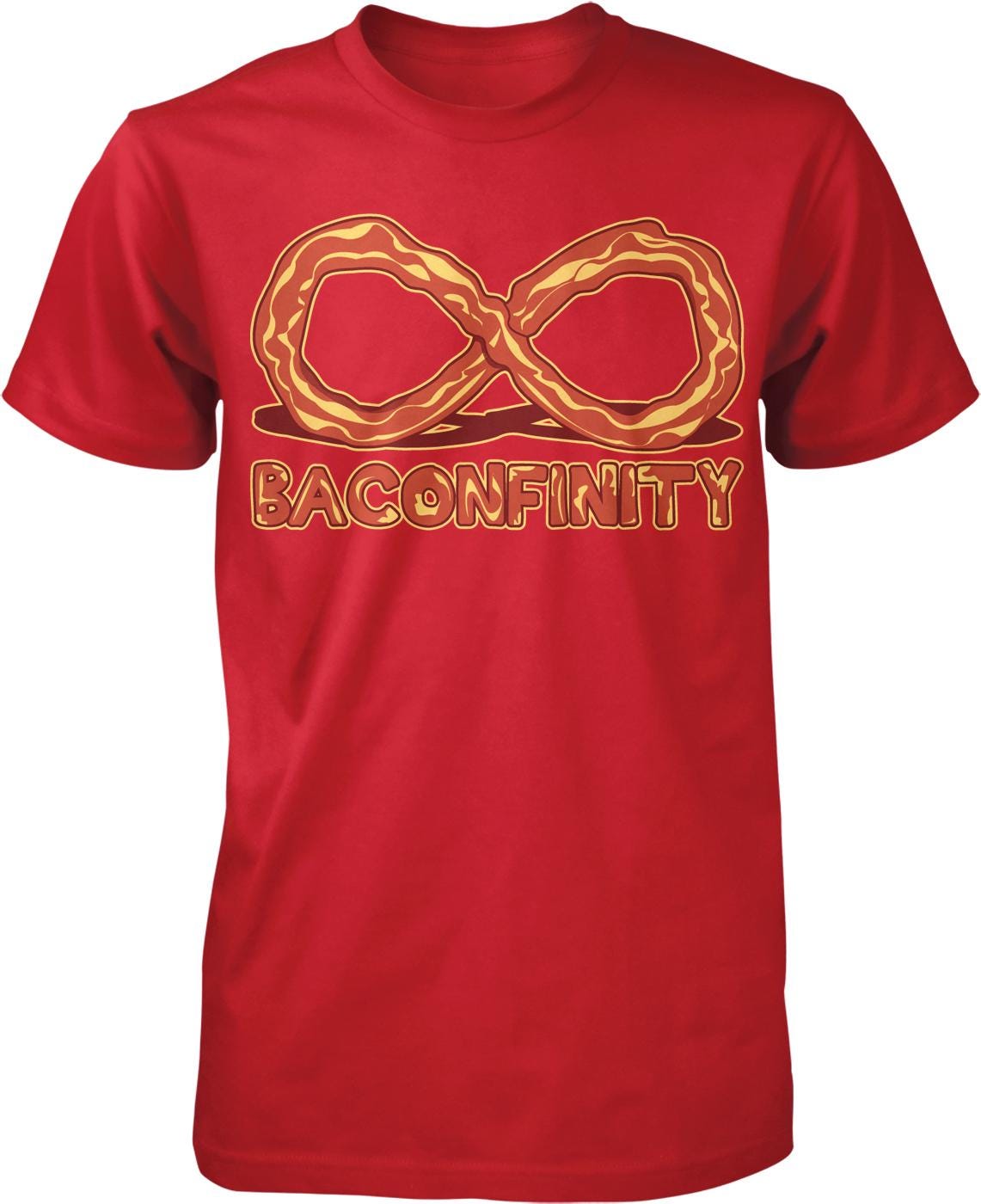 A red t-shirt with a graphic design featuring a large golden ring and the text "BACONFINITY" below it.