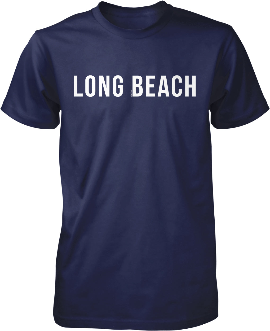 A navy blue t-shirt with the text "LONG BEACH" printed in white letters.