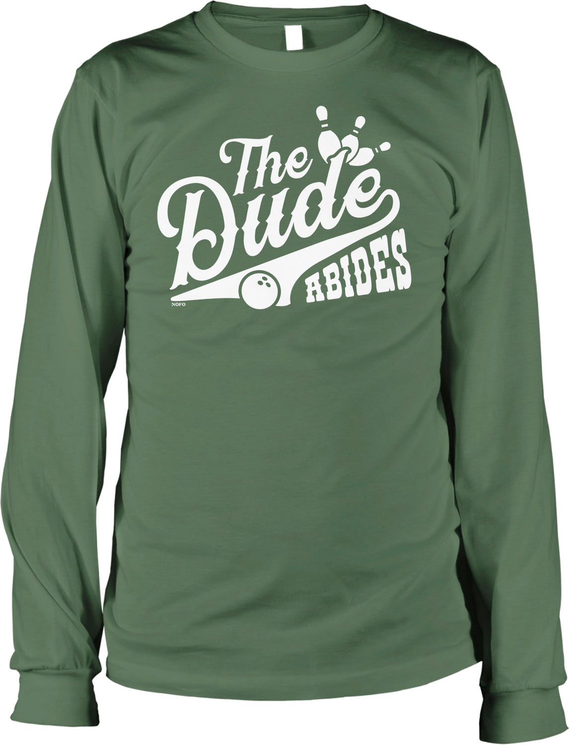 A green long-sleeved t-shirt with white text and graphics printed on it.