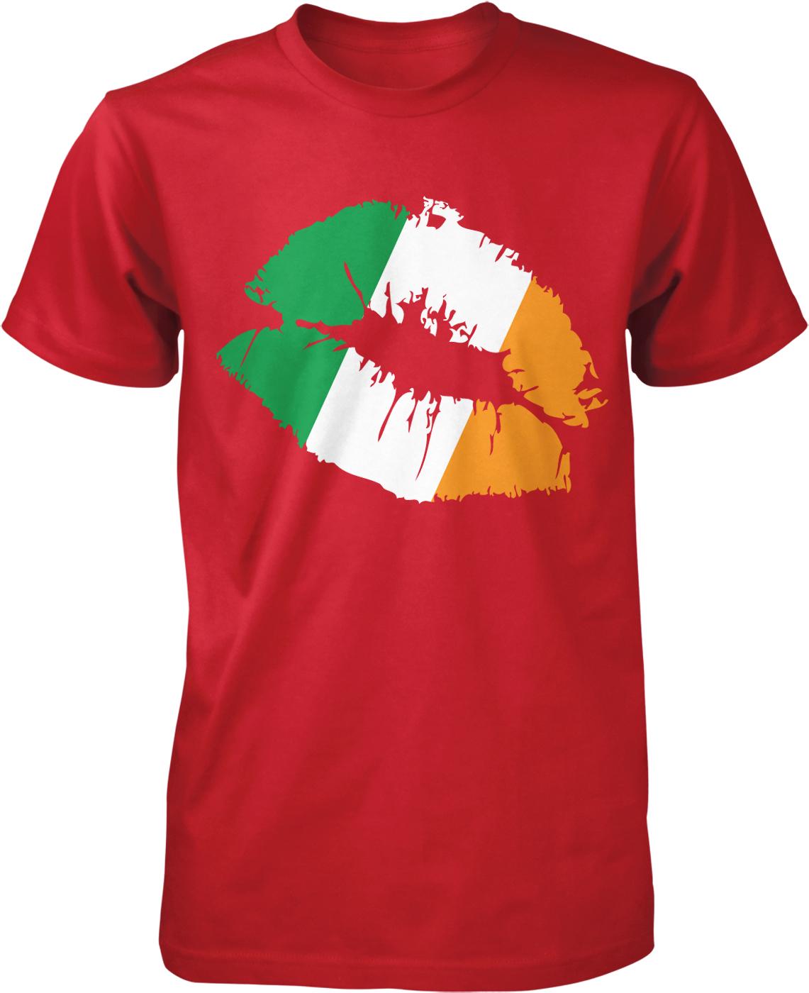 A red t-shirt with a graphic design depicting a kiss mark in the colors of the Irish flag.