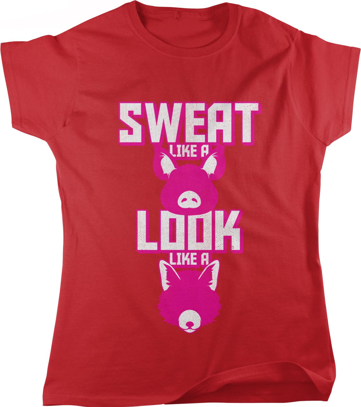A red t-shirt with a graphic design featuring a pink pig and the text "SWAT LIKE A LOOK LIKE A" in white letters.