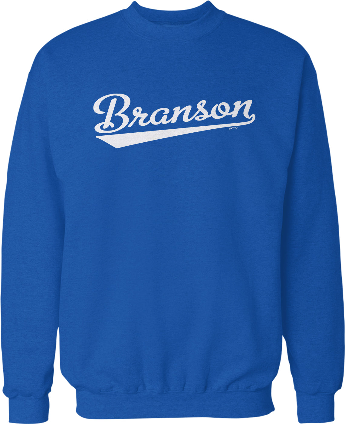 A blue sweatshirt with the word "Branson" printed on it in white text.