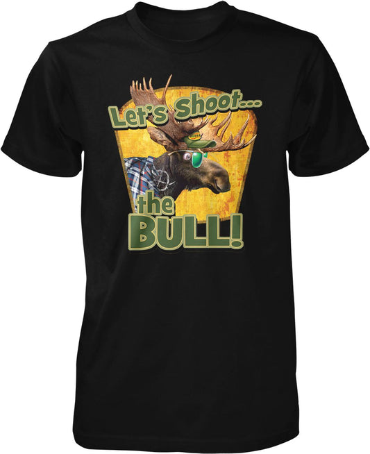A black t-shirt with a graphic design featuring a moose wearing sunglasses and the text "Let's Shoot the Bull!"