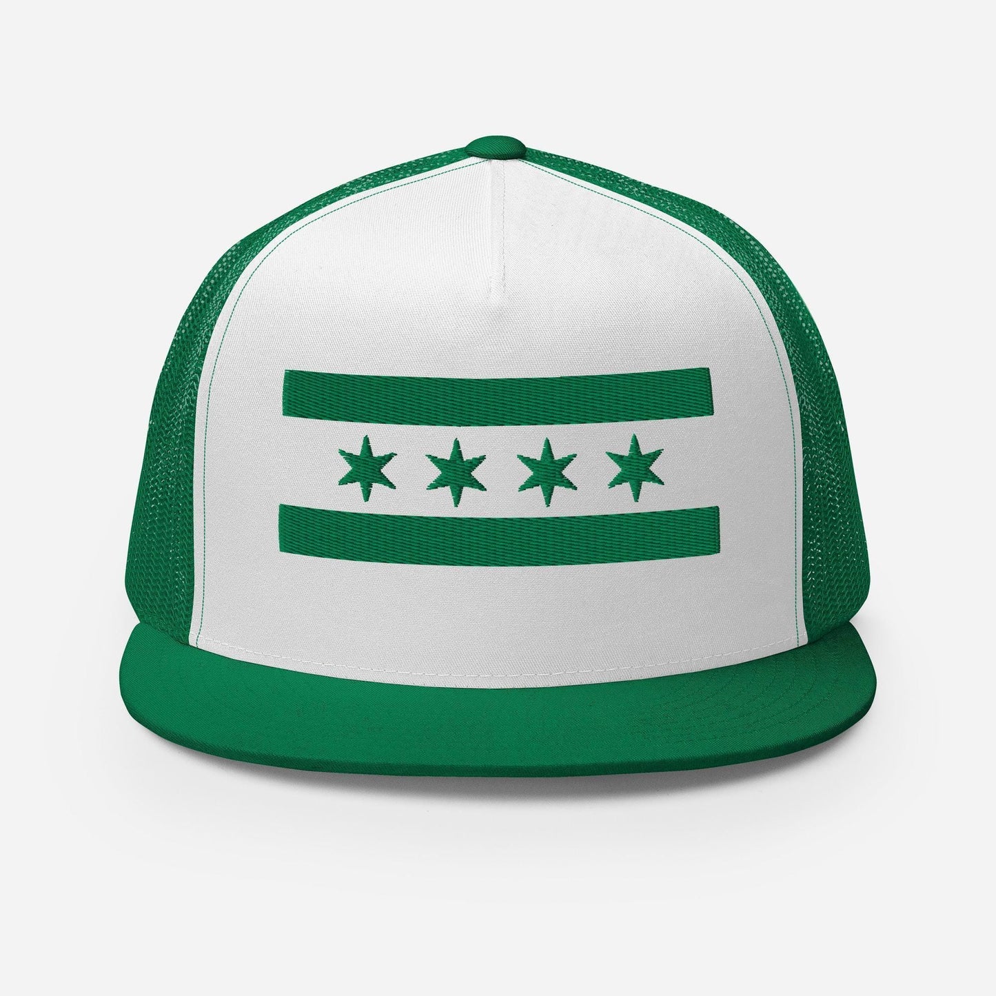A white and green baseball cap with a green stripe and three green stars on the front.