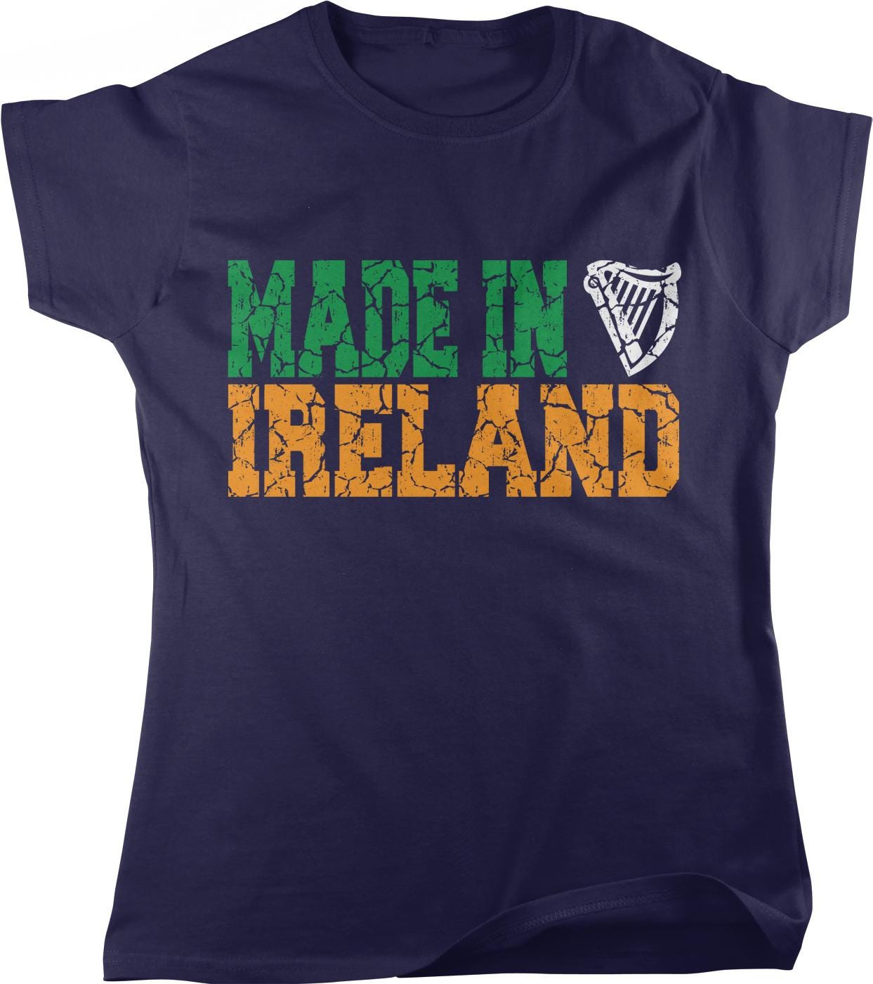 A dark blue t-shirt with the text "MADE IN IRELAND" printed on it in a distressed, colorful style.