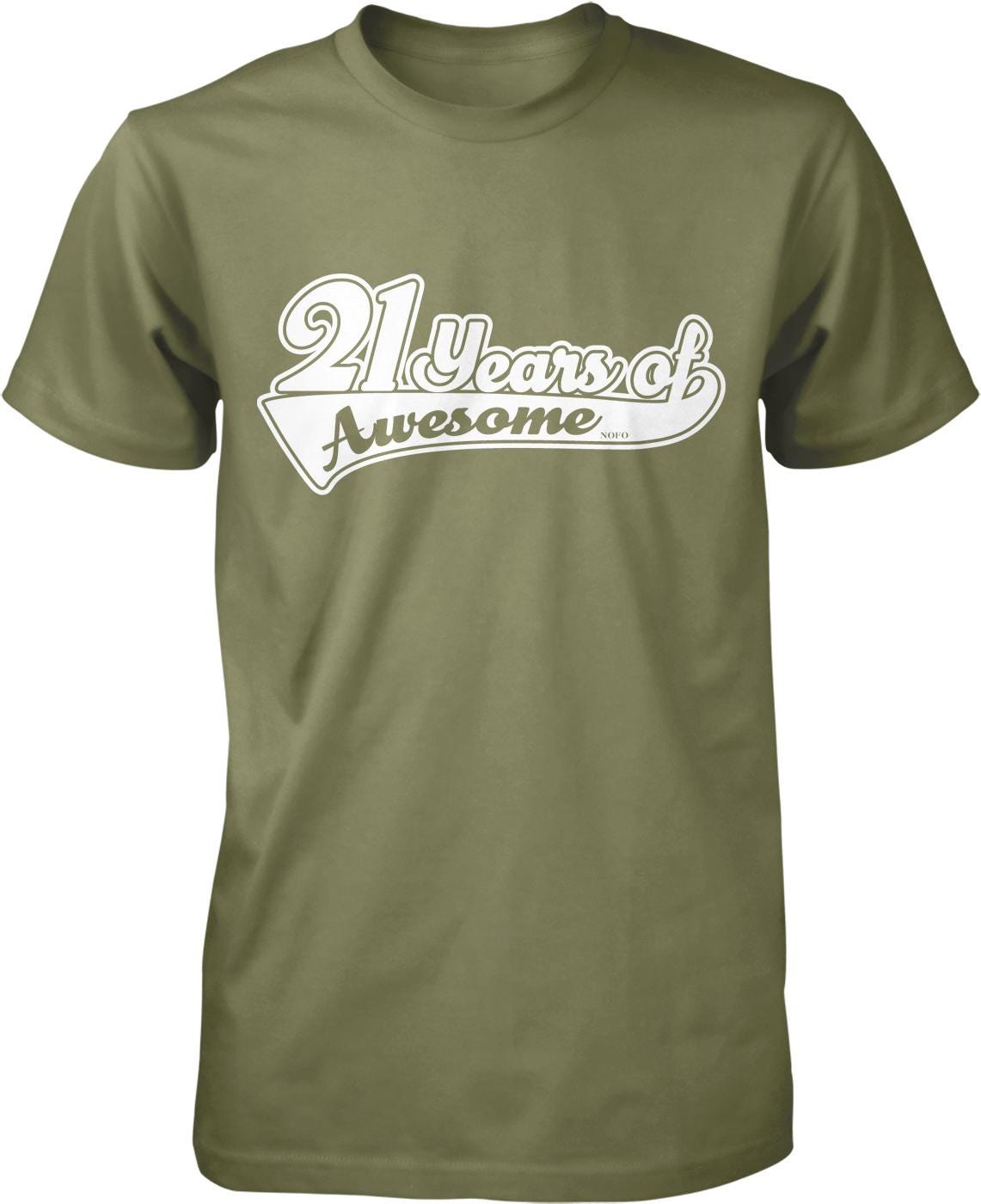 A green t-shirt with the text "21 years of Awesome" printed on it.
