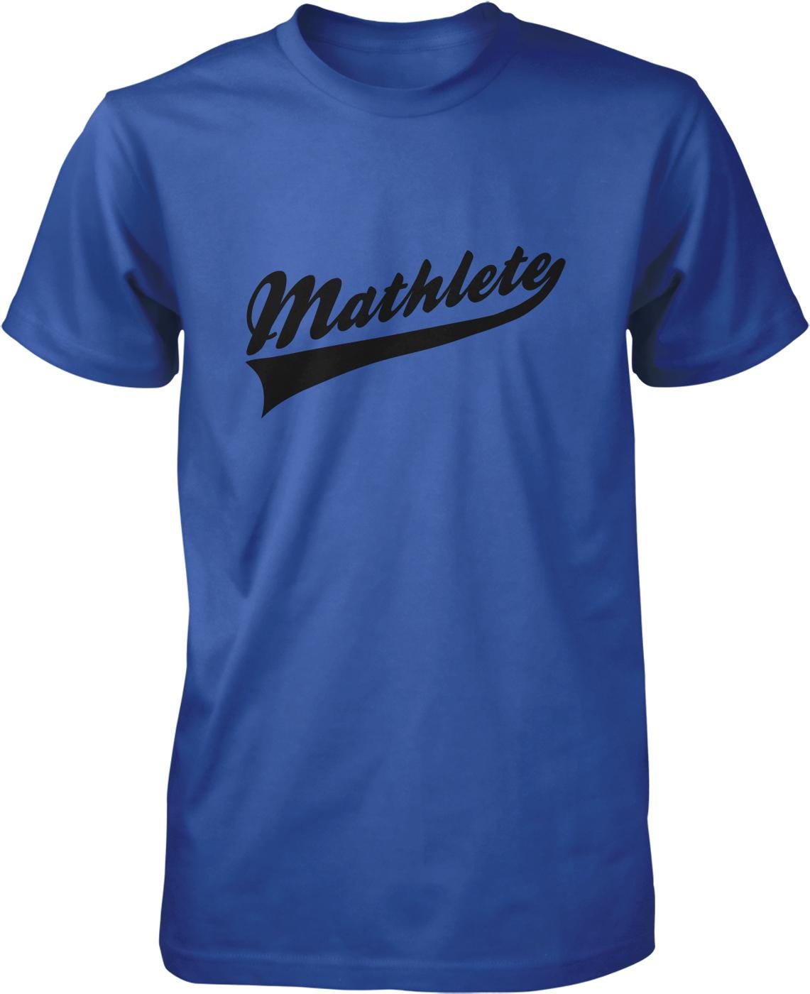 A blue t-shirt with the word "Mathlete" printed on it in a stylized font.