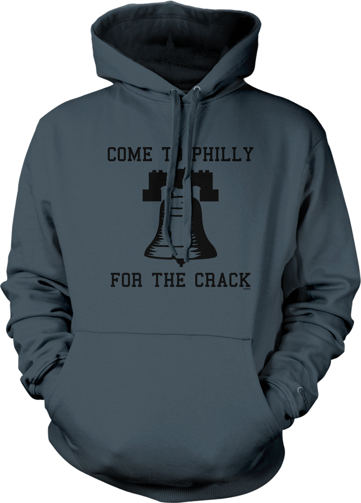 A gray hoodie with a graphic design and text printed on it.